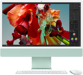 Pantalla de una iMac que muestra una flor multicolor en Adobe Lightroom para resaltar el rango de color y la resolución de la pantalla Retina 4.5K.
